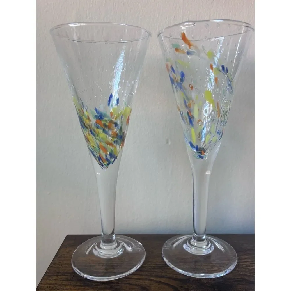 VNT  La Verrerie De Biot 9 1/4”Crystal Confetti, champagne fluids/ Set of 2